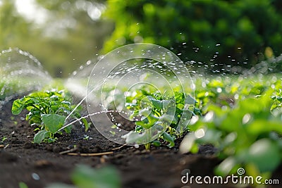 Irrigation systems such as drip irrigation, soaker hoses, and sprinkler placement based on plant types and water requirements Stock Photo