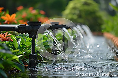 Irrigation systems such as drip irrigation, soaker hoses, and sprinkler placement based on plant types and water requirements Stock Photo