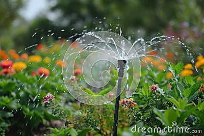 Irrigation systems such as drip irrigation, soaker hoses, and sprinkler placement based on plant types and water requirements Stock Photo