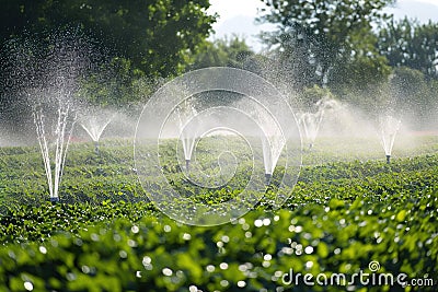 Irrigation systems such as drip irrigation, soaker hoses, and sprinkler placement based on plant types and water requirements Stock Photo