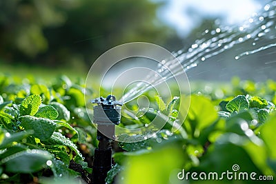 Irrigation systems such as drip irrigation, soaker hoses, and sprinkler placement based on plant types and water requirements Stock Photo