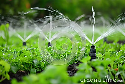 Irrigation systems such as drip irrigation, soaker hoses, and sprinkler placement based on plant types and water requirements Stock Photo