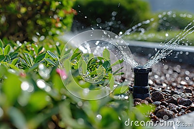 Irrigation systems such as drip irrigation, soaker hoses, and sprinkler placement based on plant types and water requirements Stock Photo