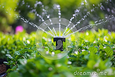 Irrigation systems such as drip irrigation, soaker hoses, and sprinkler placement based on plant types and water requirements Stock Photo