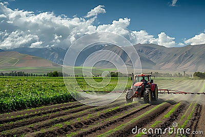 irrigation tractor driving spraying or harvesting an agricultural crop Stock Photo