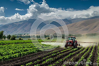irrigation tractor driving spraying or harvesting an agricultural crop Stock Photo