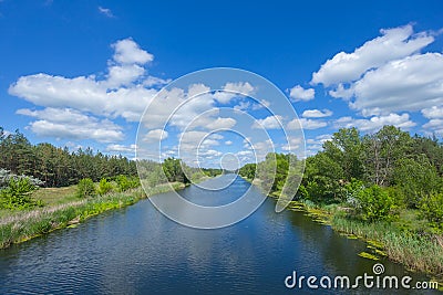 Irrigational channel with forest on coast under blue cloudy sky Stock Photo