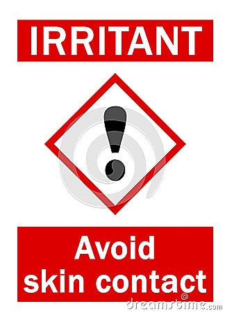 Irritant, avoid skin contact. Hazard rhombus sign with eclamation point and text Vector Illustration
