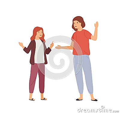 Irritated mother and daughter gesturing and scream each other vector flat illustration. Cartoon girl and woman having Vector Illustration
