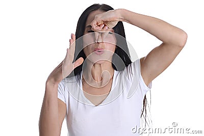 Irritated portrait of young woman covering nose from bad smell Stock Photo