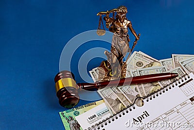 IRS form. 1040 U.S tax forms April 15 of the deadline time tax season calendar while pages hundred US dollar bills on a table Editorial Stock Photo