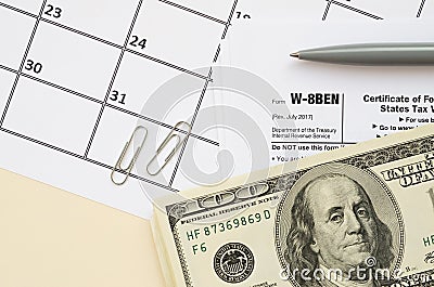 IRS Form W-8BEN Certificate of foreign status of beneficial owner for United States tax withholding and reporting for individuals Stock Photo