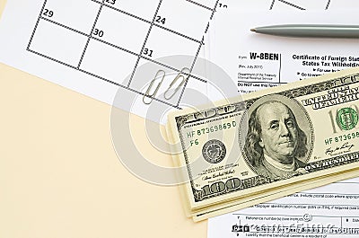 IRS Form W-8BEN Certificate of foreign status of beneficial owner for United States tax withholding and reporting for individuals Editorial Stock Photo