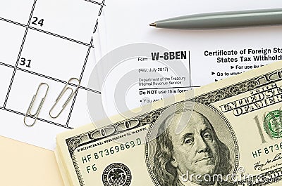 IRS Form W-8BEN Certificate of foreign status of beneficial owner for United States tax withholding and reporting for individuals Editorial Stock Photo