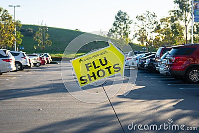 IRVINE, CAUSA - February 9, 2019 - A Flu Shot sign at Kaiser Permanente medical facility Editorial Stock Photo