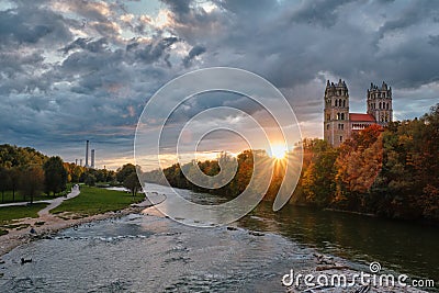 Isar river, park and St Maximilian church from Reichenbach Bridge. Munchen, Bavaria, Germany. Editorial Stock Photo