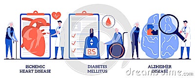 Ischemic heart disease, diabetes mellitus, Alzheimer concept with tiny people. Elderly people health problems vector illustration Cartoon Illustration