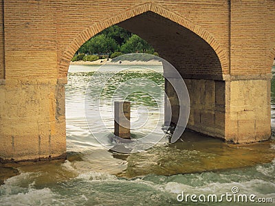Isfahan Zayande river by historical Safavid Chubi bridge arch Stock Photo