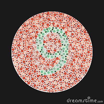 Ishihara test for color blindness. Color blind test. Green number 9 for colorblind people. Vector illustration. Vector Illustration