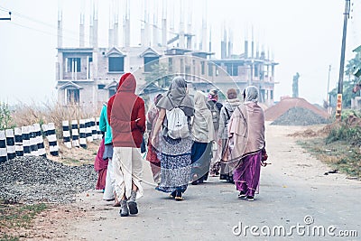 ISKCON Mayapur, West Bengal, India - Dec 15, 2019. international group of pilgrims in national Indian Vaishnava clothes Editorial Stock Photo