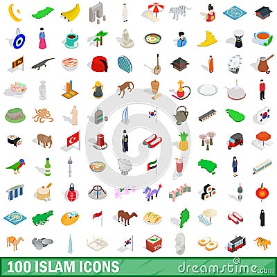 100 islam icons set, isometric 3d style Vector Illustration