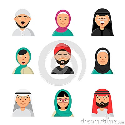 Islam people icon. Web arabic avatars muslim heads of male and female in hijab niqab vector saudi faces in flat style Vector Illustration