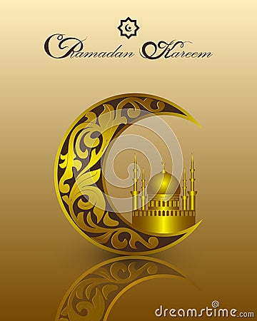 Islam Ramadan Kareem template with gold pattern for greeting card, invitation. Moon, a mosque, a traditional Muslim symbols. Vector Illustration