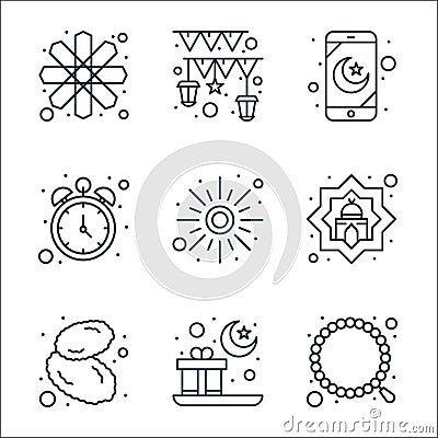 islam and ramadan line icons. linear set. quality vector line set such as rosary, gift, dates, mosque, sun, clock, mobile app, Vector Illustration