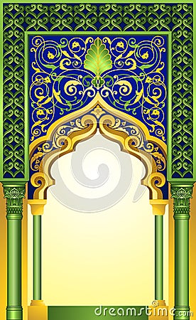 Islamic arch design in elegant emerald and gold color with high detailed floral ornaments Vector Illustration