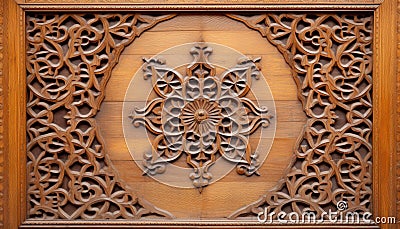 Islamic Artistry in Wood: Traditional Ornaments on Wooden Door and Window Shutter Stock Photo