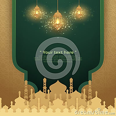 Islamic background with glowing hanging lantern and mosque. Luxury Greeting card background with 3D paper cut style Vector Illustration