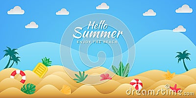 Paper cut style Summer background with beach balls, pool floats, beach animals Vector Illustration