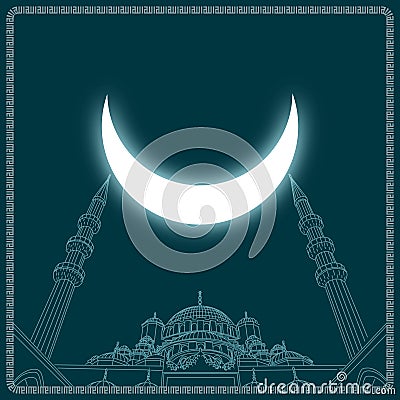 Islamic background vector. Drawing of a mosque with crescent moon Vector Illustration