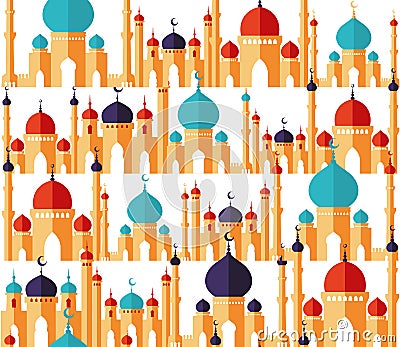 Islamic beautiful design template. Arabic ornaments. Seamless pattern of mosques in flat style.Ramadan kareem greeting Vector Illustration