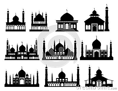 Islamic buildings silhouettes. Mosques and minarets with crescents. Vector Illustration