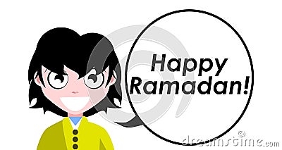 Happy Ramadan, English, greetings, girl, isolated. Cartoon Illustration