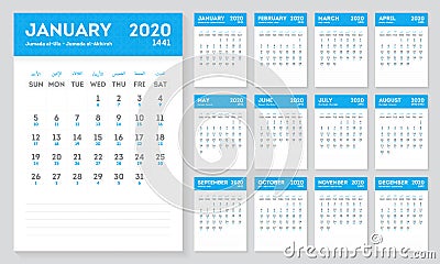 Islamic Calendar Year 2020-1441. Hijri and Gregorian calendar. Vector Illustration