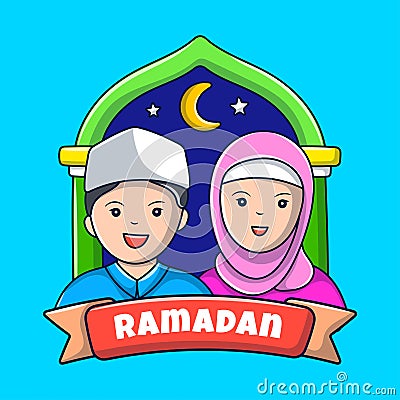 Cute Islamic cartoon couple kids Stock Photo