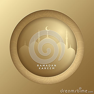 Islamic circle for ramadan kareem vector greeting banner background with art paper cut style, shiny moon and mosque scenery. Vector Illustration