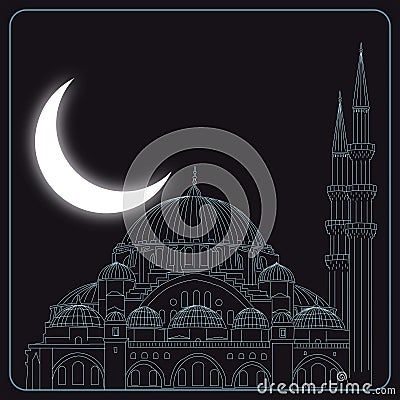 Islamic concept illustration. Mosque and crescent moon. Vector Illustration