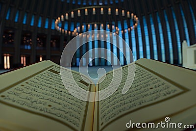 Islamic concept photo. Holy Quran in the mosque in focus. Editorial Stock Photo
