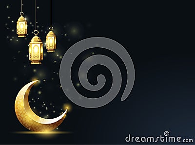 Islamic crescent and hanging down lanterns, Ramadan Kareem greetings Vector Illustration