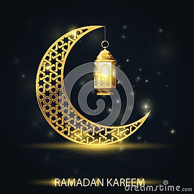 Islamic crescent with traditional lantern, Ramadan Kareem greeting card Vector Illustration