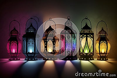 Islamic decoration background with lantern and crescent moon luxury style, ramadan kareem, mawlid, iftar, isra miraj, eid al fitr Cartoon Illustration
