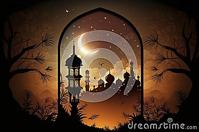 Islamic decoration background with lantern and crescent moon luxury style, ramadan kareem, mawlid, iftar, isra miraj, eid al fitr Cartoon Illustration