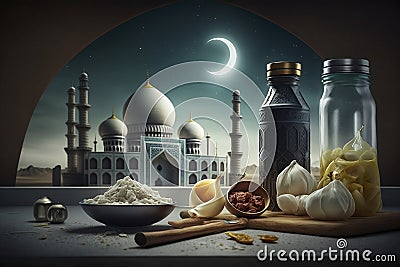 Islamic decoration background with lantern and crescent moon luxury style, ramadan kareem, mawlid, iftar, isra miraj, eid al fitr Cartoon Illustration