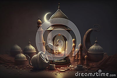 Islamic decoration background with lantern and crescent moon luxury style, ramadan kareem, mawlid, iftar, isra miraj, eid al fitr Cartoon Illustration