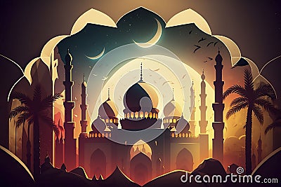 Islamic decoration background with lantern and crescent moon luxury style, ramadan kareem, mawlid, iftar, isra miraj, eid al fitr Cartoon Illustration