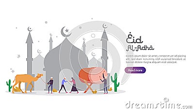 islamic design illustration concept for Happy eid al adha or sacrifice celebration event with people character for web landing Vector Illustration