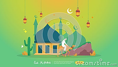 islamic design illustration concept for Happy eid al adha or sacrifice celebration event with people character for web landing Vector Illustration